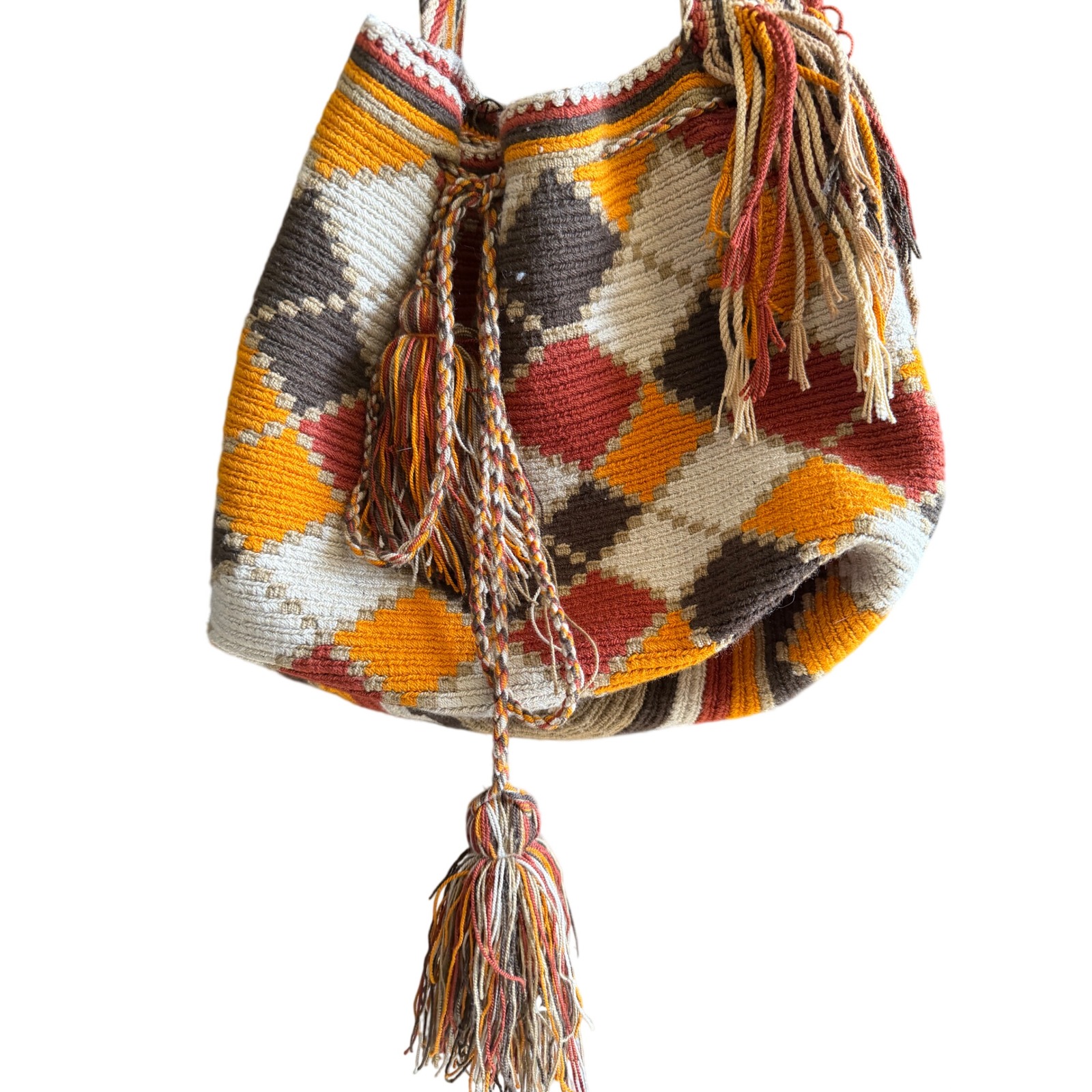 Vintage Wayuu Mochila Hand Woven Geometric Crossbody Tassel Bag Earth Tones